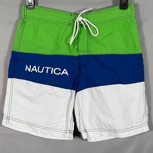 Nautica Mens Colorblock Swim Trunks Green Blue White Logo Mesh Lined Medium
